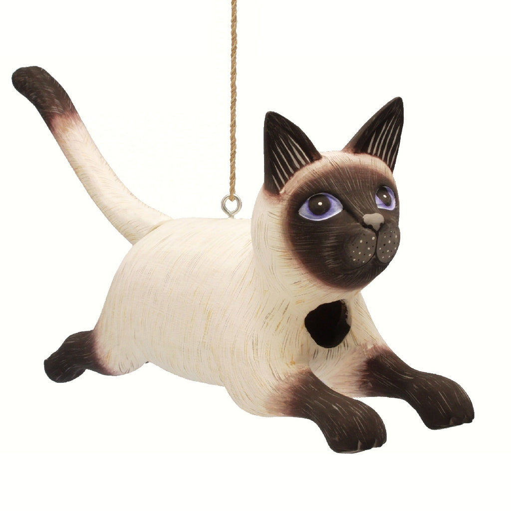 Siamese Cat Leaping Wooden Birdhouse