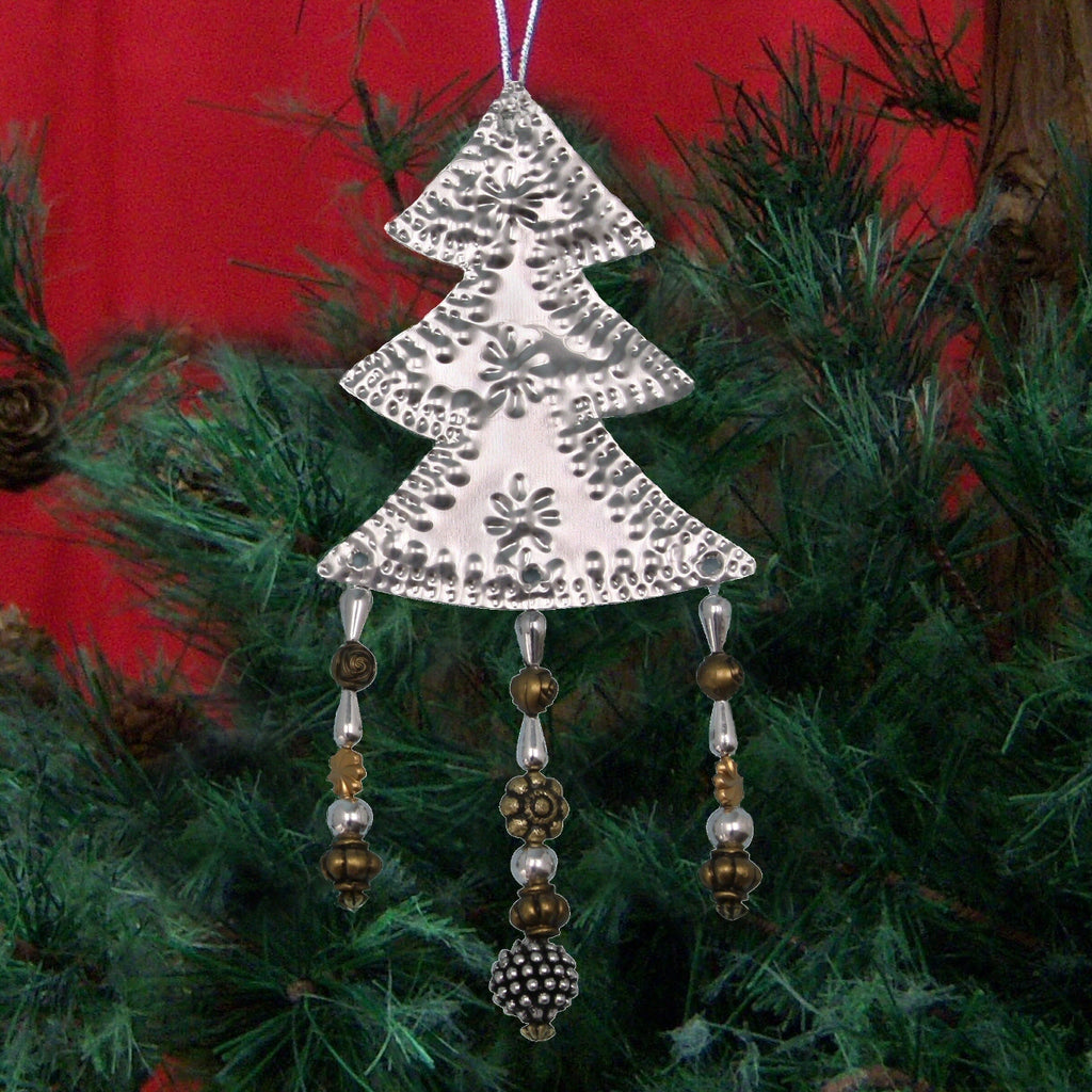 Silver Tree w/Beads Metal Ornament Set of 6