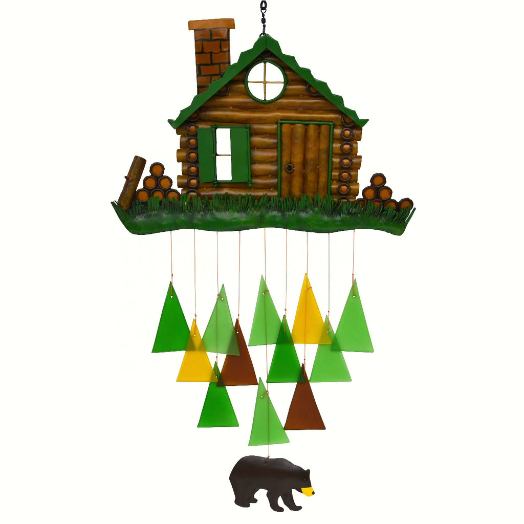 Log Cabin w/Bear Glass Wind Chime