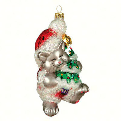 Gray Christmas Kitty Glass Ornament