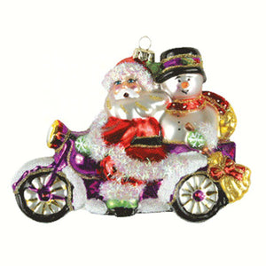 Santa & Frosty Motorcycle Glass Ornament