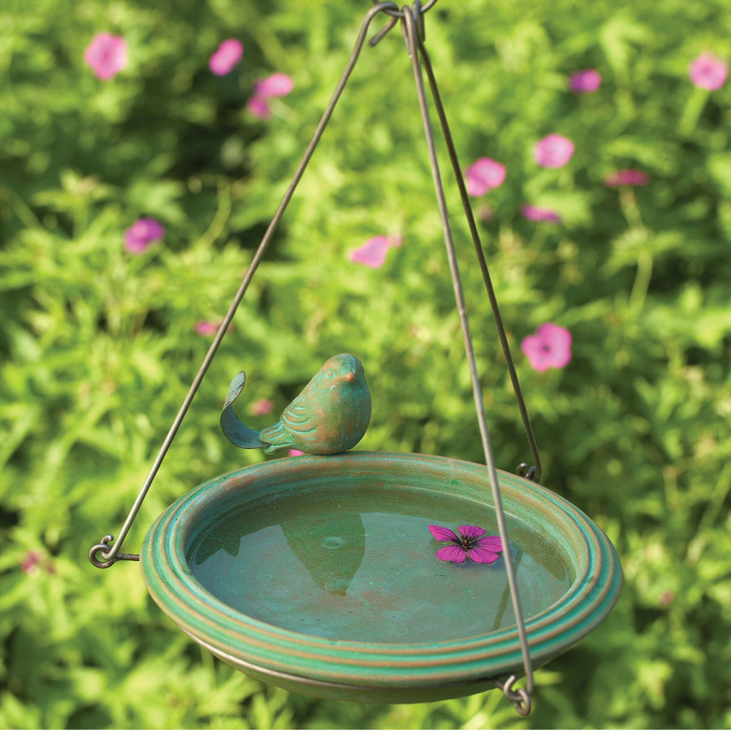 Ceramic Teal Birdbath w/Hanger