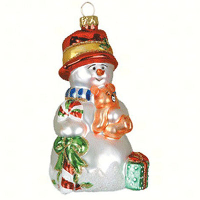 Teddy Bear Snowman Glass Ornament