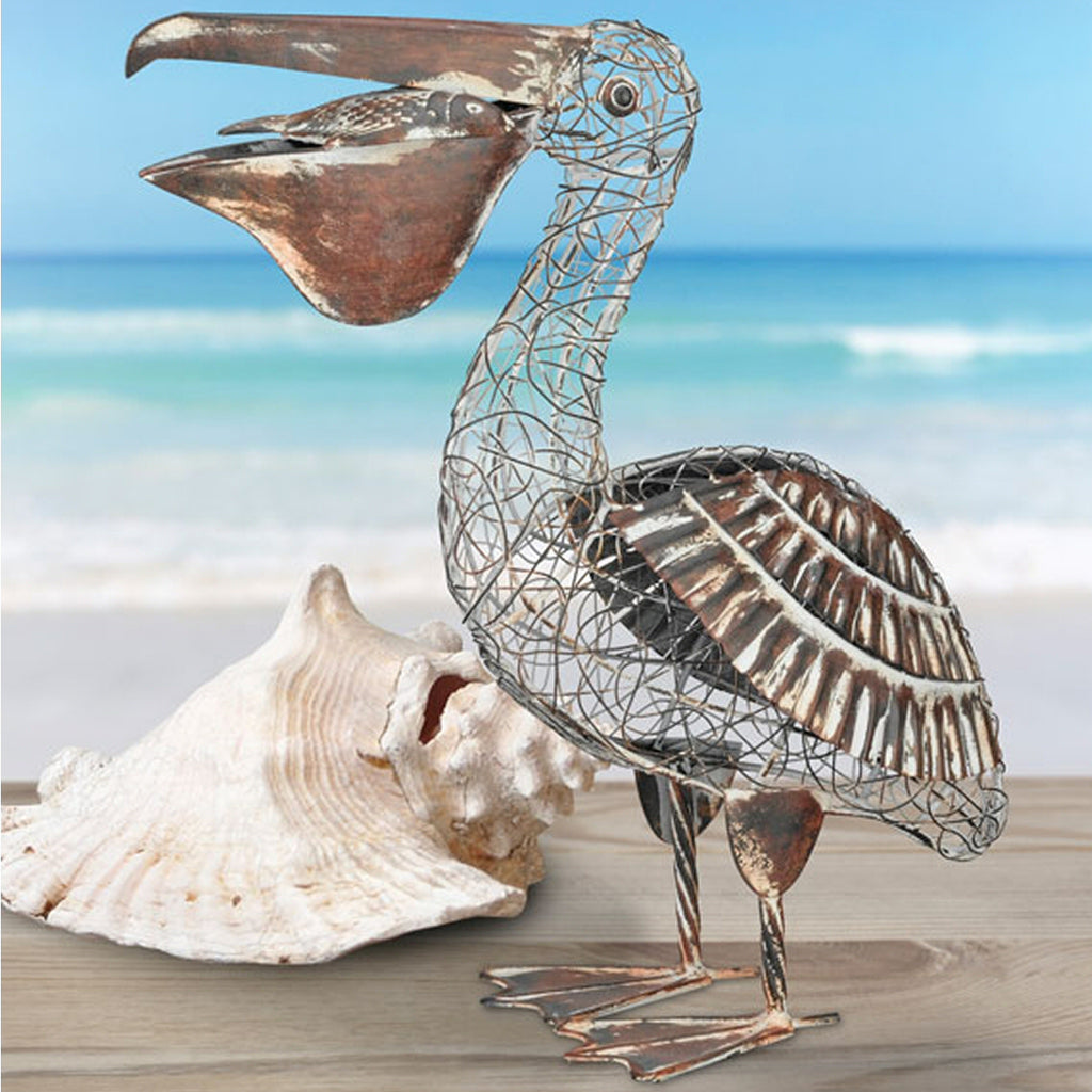Rustic Pelican w/Fish Metal Sculpture