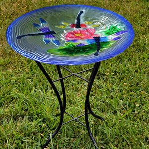 Dragonflies Glass Bird Bath w/Stand