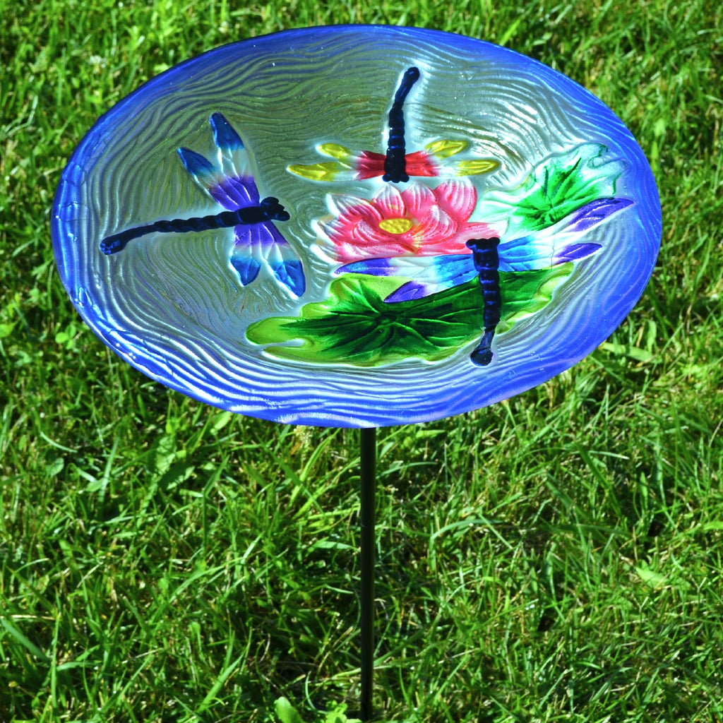 Dragonflies Glass Bird Bath w/Stake