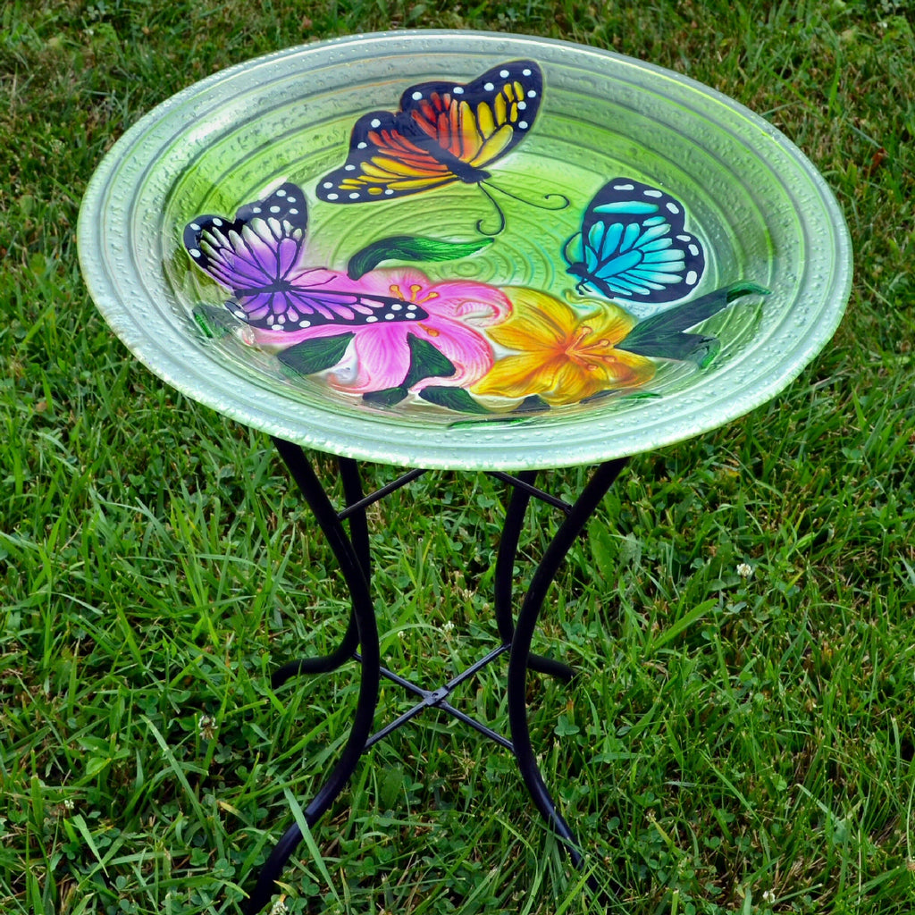 Butterflies Glass Bird Bath w/Stand
