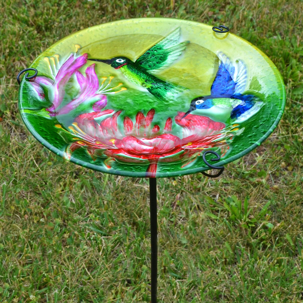 Hummingbirds Glass Bird Bath w/Stake
