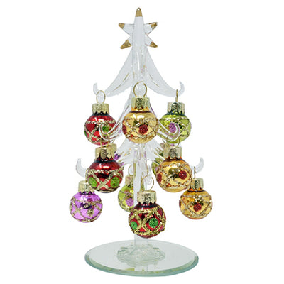Glass Tree w/Glitter Ornaments Clear 6 inch