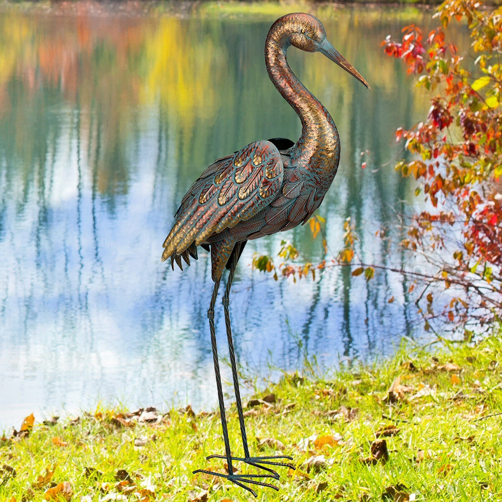 Copper Patina Crane Metal Sculpture Down 35 inch