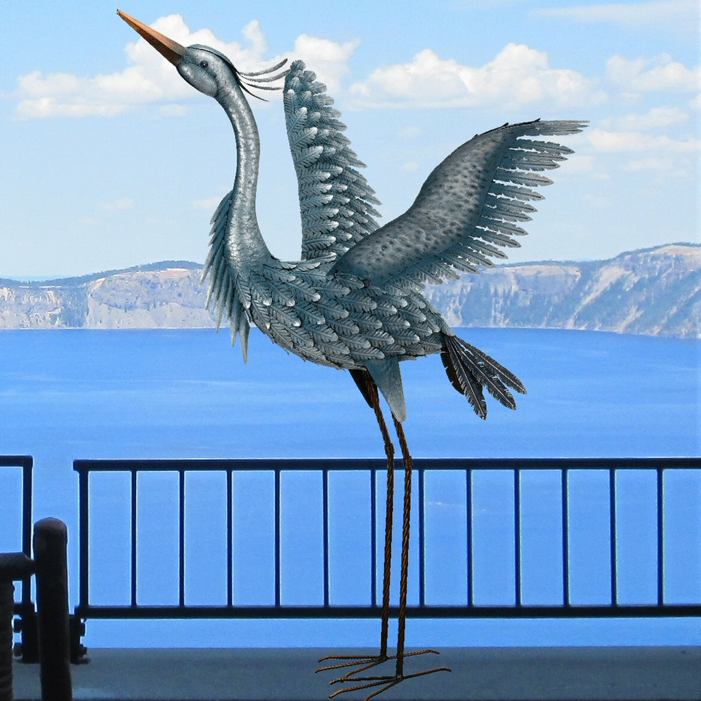 Metallic Blue Heron Metal Sculpture Up 47 inch
