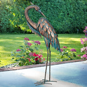 Patina Heron Metal Statue Preening 25 inch
